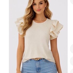 Zara Cream Ruffle-Sleeve Ribbed Crewneck Top fairy whimsy coquette L